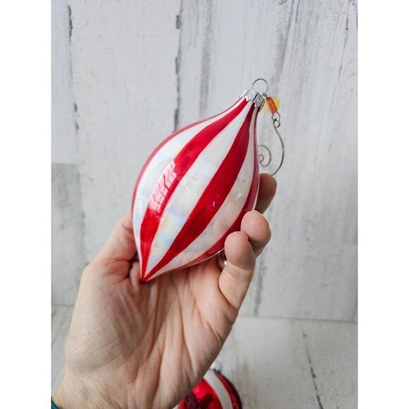 Striped reflector red ornament teardrop ball set lot Xmas tree large - Picture 13 of 13